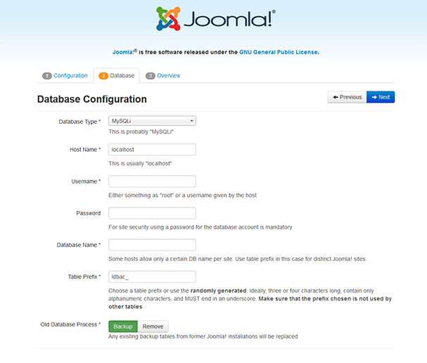 joomla install database configuration