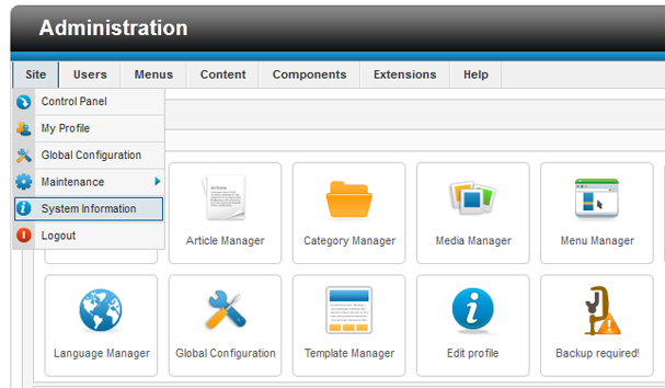 Joomla System information tab