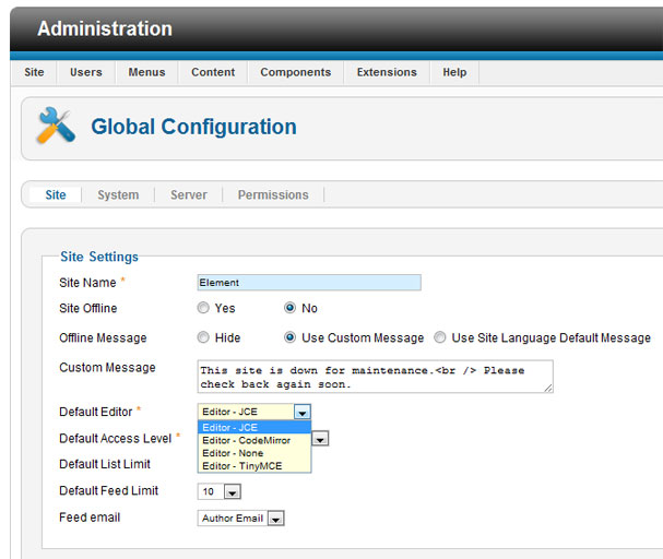 Setting JCE Editor as default editor Joomla Global Configuration