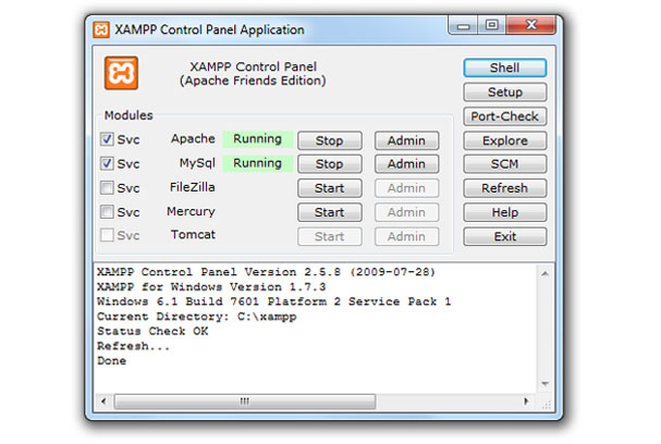 xampp control panel on a pc