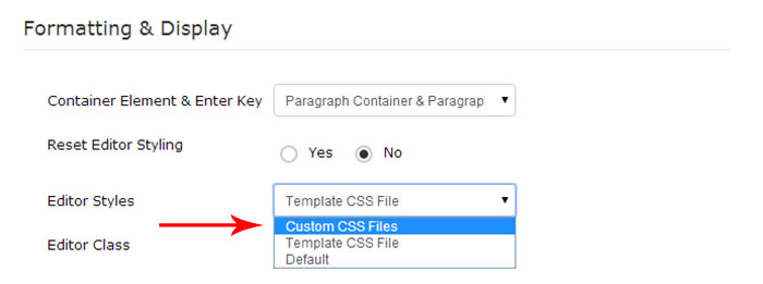 JCE configuration custom css file
